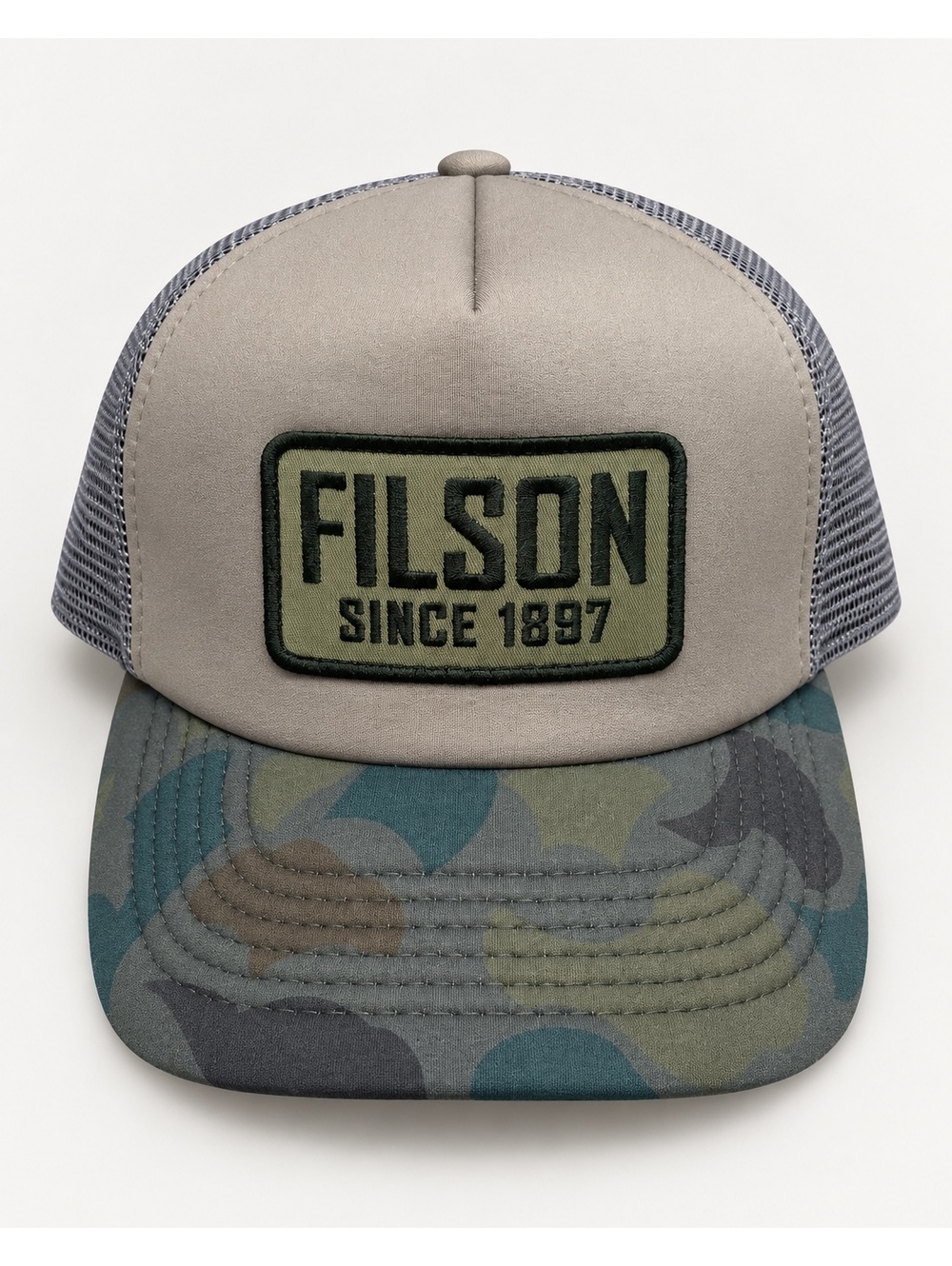 Filson Trucker Hat with Camouflage Bill and Gray Mesh Back